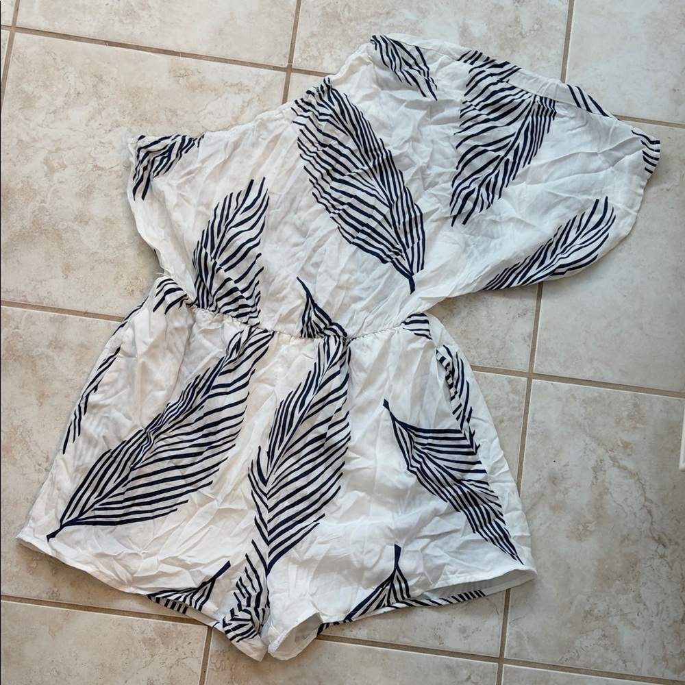 White and Black Leaf Print Romper